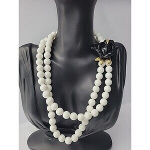 Vintage KJL for Avon White Beaded Necklace Black Rose Gold Tone Designer Jewelry